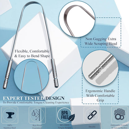 STAINLESS STEEL TONGUE SCRAPER - WITH TRAVEL CASE